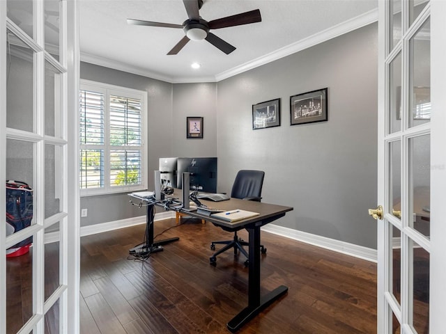 home office featuring french doors, a ceiling fan, crown molding, and wood finished floors