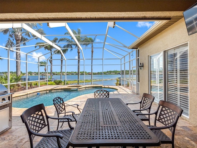 view of patio with a pool with connected hot tub, a water view, and glass enclosure