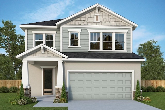 craftsman-style home with driveway, an attached garage, fence, and roof with shingles