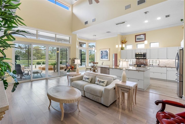 9897 Sago Point Dr, Seminole, FL 33777 - living area with visible vents, ornamental molding, and light wood-style flooring