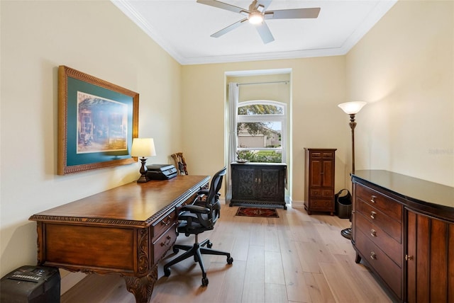 9897 Sago Point Dr, Seminole, FL 33777 - office space featuring light wood-style flooring, ornamental molding, and ceiling fan