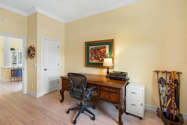 9897 Sago Point Dr, Seminole, FL 33777 - office featuring baseboards, light wood-style floors, and crown molding