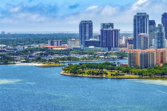 bird's eye view with a water view and a view of city