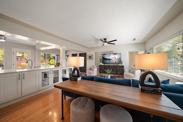 living room featuring ornate columns, light wood-type flooring, visible vents, and a ceiling fan