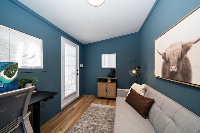 office area featuring lofted ceiling and wood finished floors