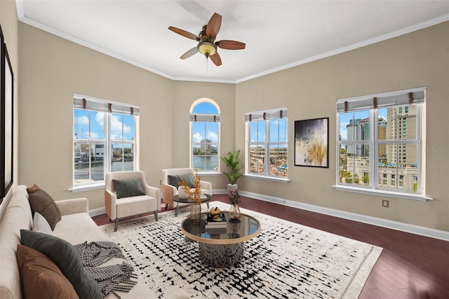 700 S Harbour Island Blvd Unit 813, Tampa, FL 33602 - living room with ornamental molding, baseboards, ceiling fan, and wood finished floors