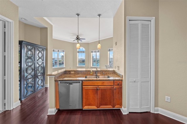 700 S Harbour Island Blvd Unit 813, Tampa, FL 33602 - kitchen featuring a sink, dishwasher, brown cabinets, ceiling fan, and dark wood-type flooring
