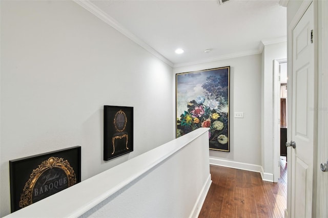 166 E Davis Blvd, Tampa, FL 33606 - hallway with baseboards, dark wood finished floors, crown molding, an upstairs landing, and recessed lighting