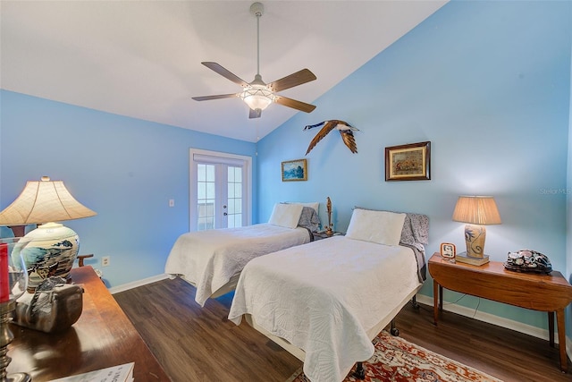bedroom with access to outside, wood finished floors, baseboards, and vaulted ceiling