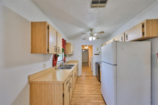 9210 Lehall Sq W, Lakeland, FL 33810 - kitchen with freestanding refrigerator, a sink, ceiling fan, electric range, and light countertops