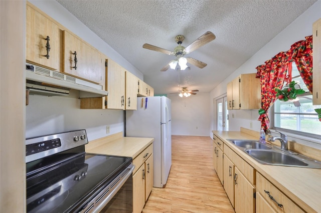 9210 Lehall Sq W, Lakeland, FL 33810 - kitchen featuring stainless steel electric range oven, a sink, under cabinet range hood, light wood finished floors, and light countertops