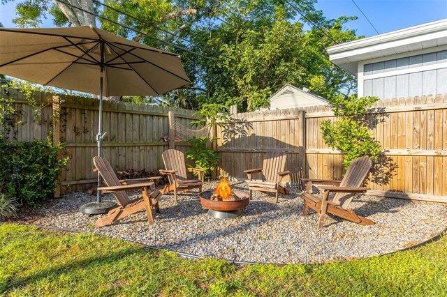 1543 Gentry St, Clearwater, FL 33755 - view of patio featuring a fenced backyard and an outdoor fire pit