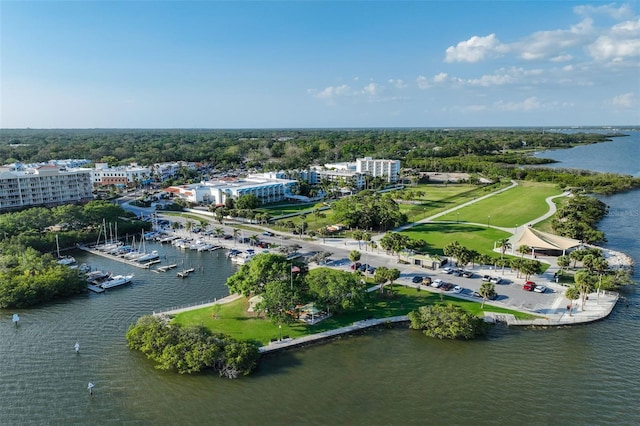 bird's eye view with a water view