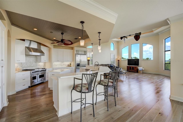 kitchen with wall chimney range hood, crown molding, premium appliances, and ceiling fan