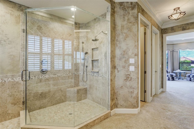 full bathroom with wallpapered walls, crown molding, baseboards, and a shower stall