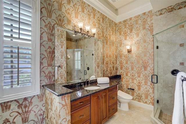 bathroom featuring ornamental molding, wallpapered walls, and a stall shower