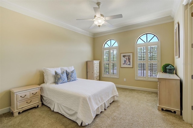 bedroom featuring light colored carpet, baseboards, and ornamental molding