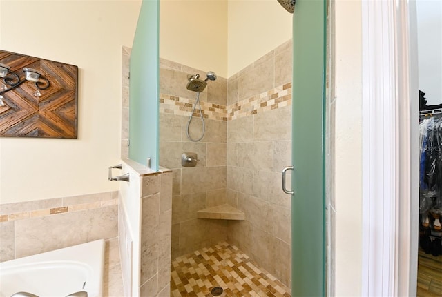 bathroom featuring a walk in closet and a stall shower