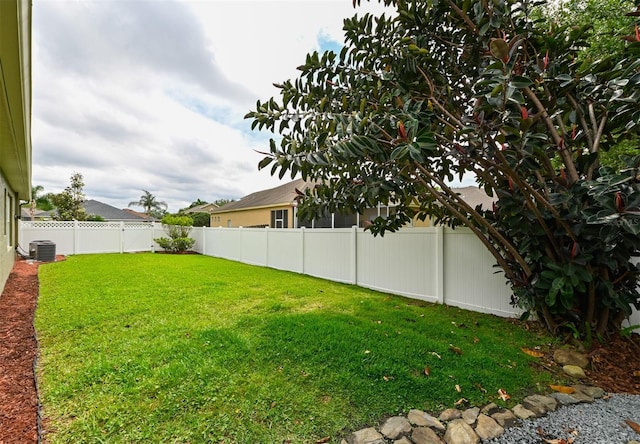 view of yard with a fenced backyard and cooling unit
