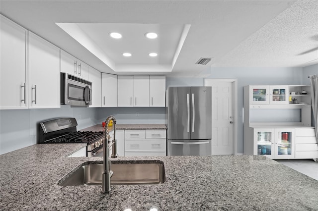 11368 93rd St, Largo, FL 33773 - kitchen with appliances with stainless steel finishes, stone countertops, recessed lighting, white cabinetry, and a tray ceiling
