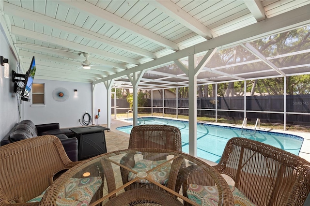 11368 93rd St, Largo, FL 33773 - view of pool with a fenced backyard, a patio, ceiling fan, and outdoor dining area