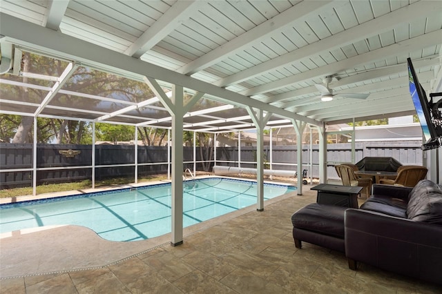 11368 93rd St, Largo, FL 33773 - view of pool featuring a fenced backyard, a patio area, glass enclosure, and a ceiling fan