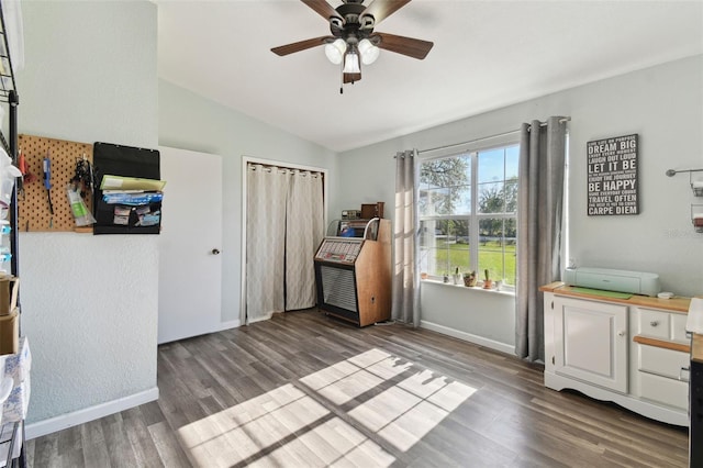 interior space featuring baseboards, vaulted ceiling, wood finished floors, and ceiling fan