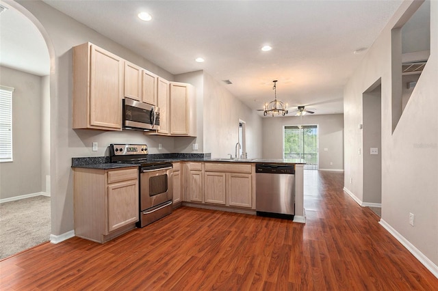 3219 Gianna Way, Land O Lakes, FL 34638 - kitchen with stainless steel appliances, a peninsula, light brown cabinets, dark wood-style flooring, and recessed lighting