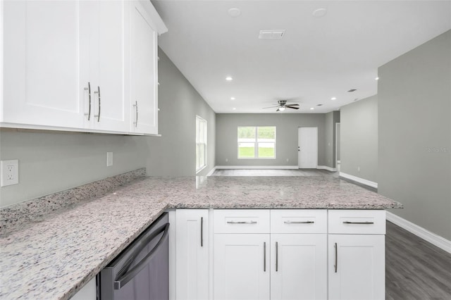 8505 N Brooks St, Tampa, FL 33604 - kitchen with a peninsula, dishwashing machine, ceiling fan, white cabinetry, and baseboards