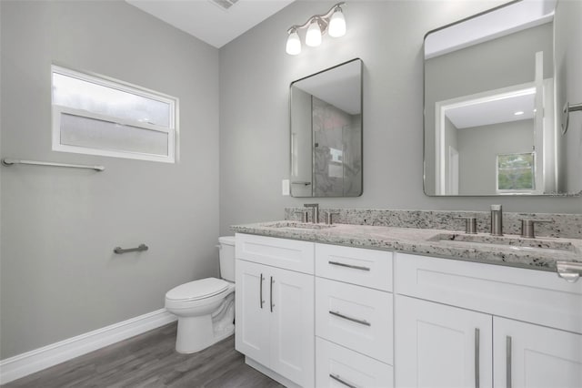 8505 N Brooks St, Tampa, FL 33604 - full bath featuring double vanity, toilet, baseboards, wood finished floors, and plenty of natural light
