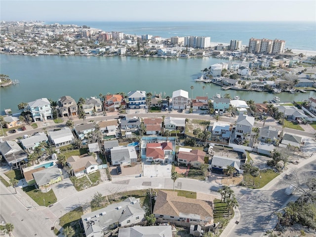 aerial view with a city view and a water view
