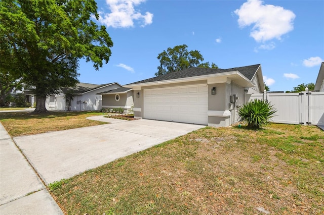 single story home featuring a front yard, concrete driveway, stucco siding, fence, and an attached garage