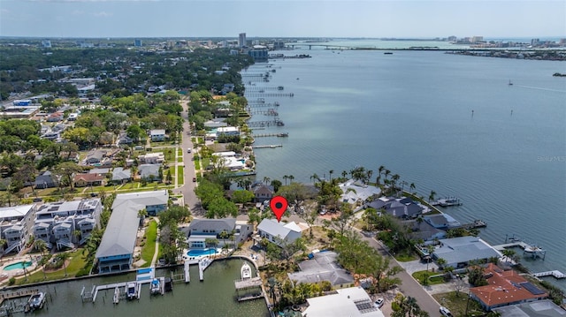 drone / aerial view with a water view