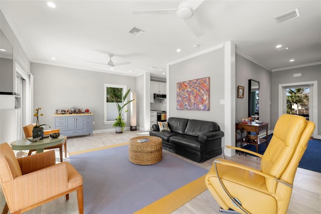 living area featuring visible vents, recessed lighting, light wood finished floors, and ceiling fan