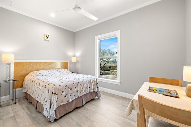 bedroom with ornamental molding, baseboards, ceiling fan, and visible vents