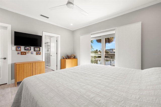 bedroom featuring access to exterior, visible vents, crown molding, and a ceiling fan