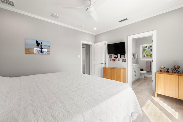 bedroom featuring ensuite bathroom, visible vents, ceiling fan, and ornamental molding
