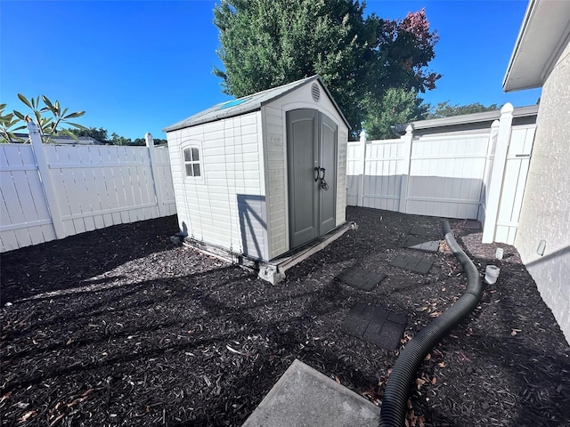 view of shed with a fenced backyard
