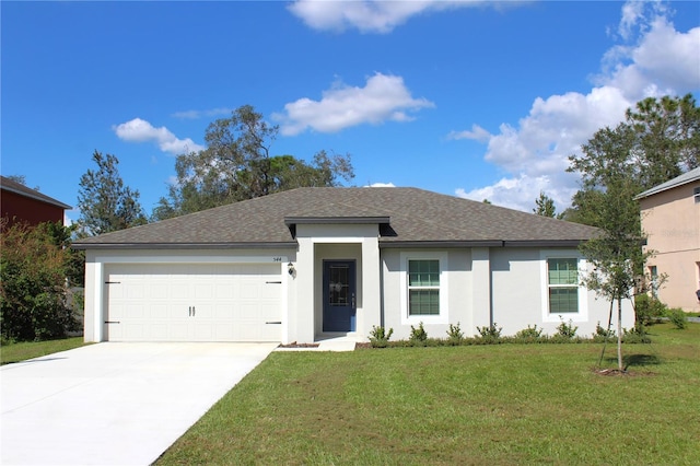 view of front of home with roof with shingles, concrete driveway, stucco siding, a front lawn, and a garage