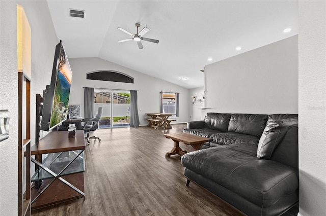 26850 Middleground Loop, Wesley Chapel, FL 33544 - living room featuring ceiling fan, wood finished floors, and high vaulted ceiling