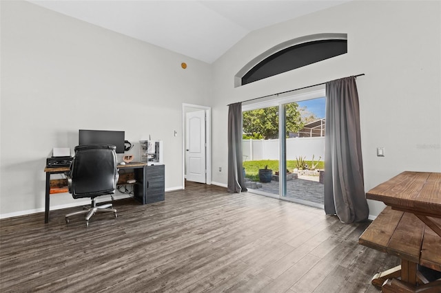 26850 Middleground Loop, Wesley Chapel, FL 33544 - office with dark wood-style floors, baseboards, and high vaulted ceiling
