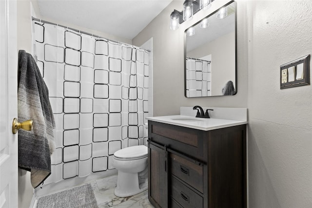 26850 Middleground Loop, Wesley Chapel, FL 33544 - bathroom featuring marble finish floors, vanity, toilet, and curtained shower