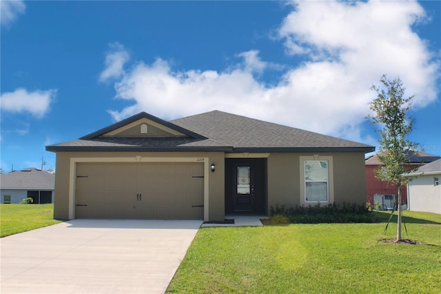 ranch-style home featuring stucco siding, driveway, a front lawn, a garage, and a shingled roof
