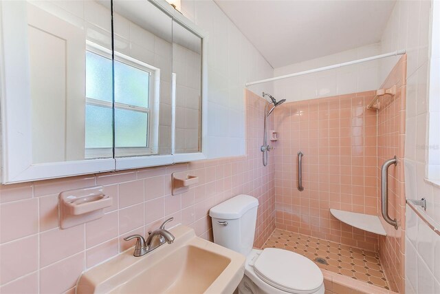 bathroom featuring a shower stall, tile walls, a sink, and toilet