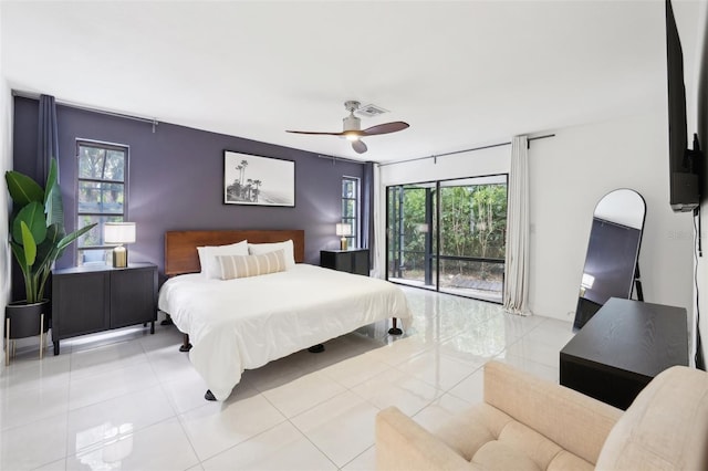 bedroom with visible vents, access to exterior, ceiling fan, and light tile patterned flooring