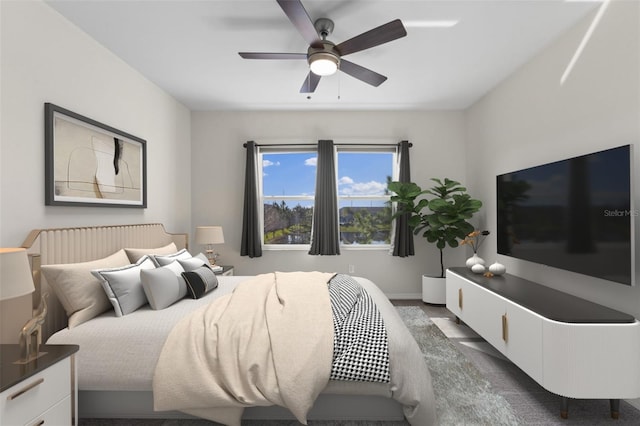bedroom with dark colored carpet, baseboards, and ceiling fan