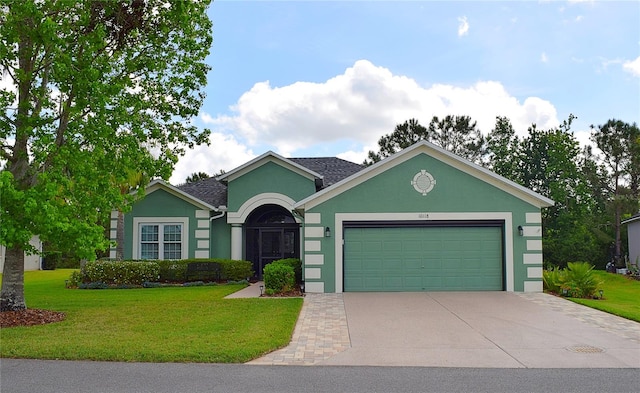 single story home with stucco siding, driveway, a front lawn, and an attached garage