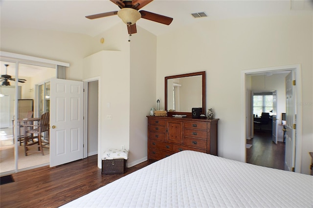 bedroom with high vaulted ceiling, wood finished floors, baseboards, visible vents, and ceiling fan
