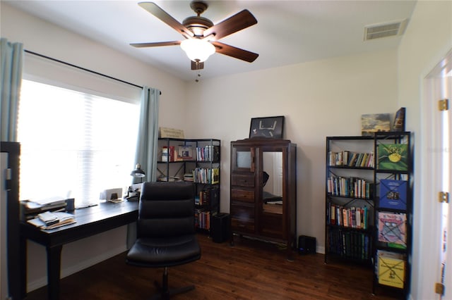 home office with visible vents, wood finished floors, and a ceiling fan