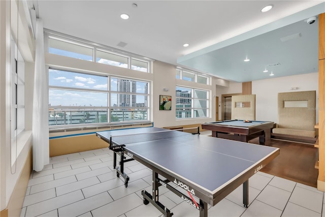 rec room with pool table and recessed lighting